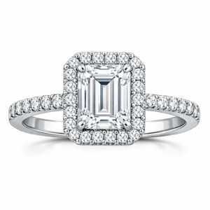 Emerald-cut Halo Engagement Ring with a Diamond Platinum Band